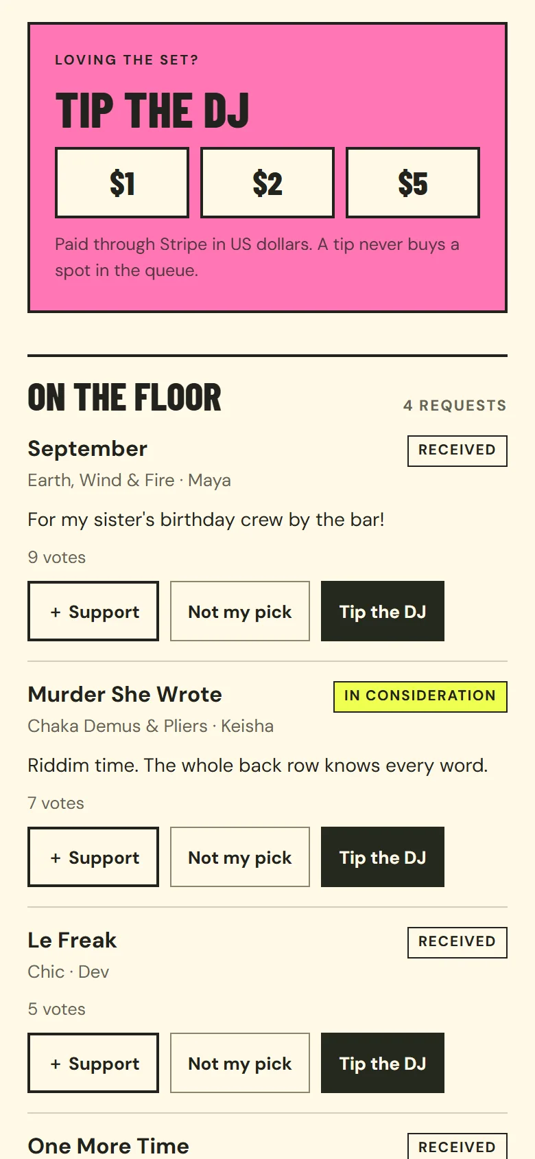 A pink Tip the DJ panel with 1, 2 and 5 dollar buttons, above the On the floor queue. Each request shows a status, such as Received or In consideration, and Support, Not my pick and Tip the DJ buttons.