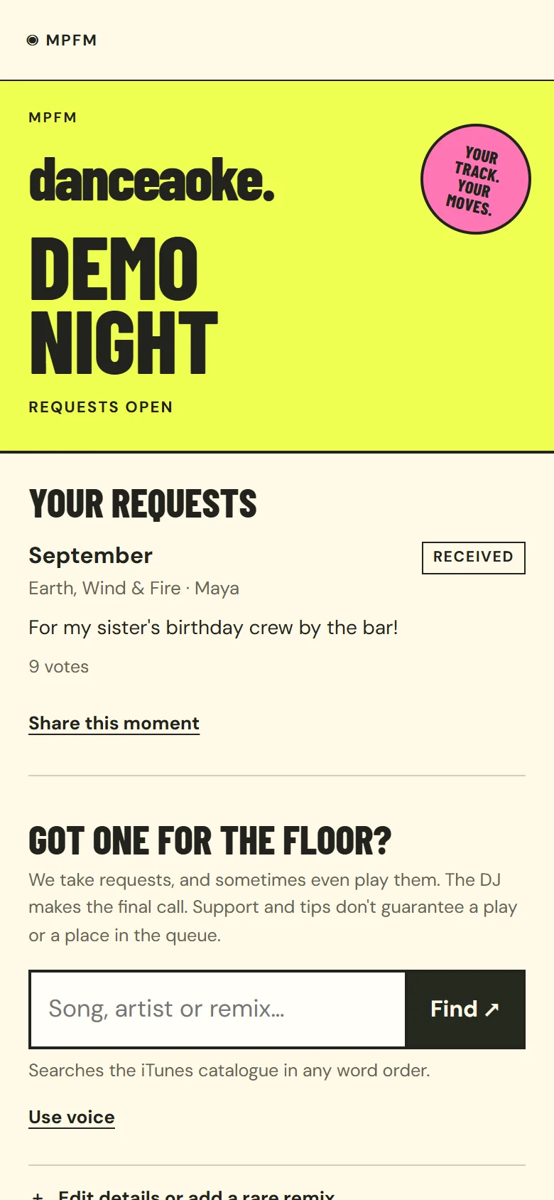 The Danceaoke request page on a phone: a yellow poster for Demo Night with requests open, then the guest's own request, September by Earth, Wind and Fire, and the start of the request form.