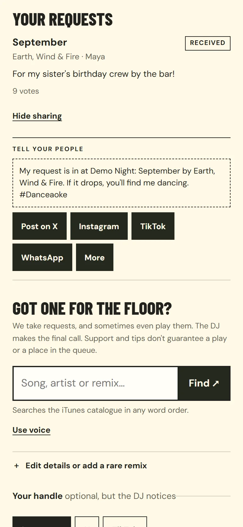 Tell your people: a ready-made caption about the guest's request, with buttons for X, Instagram, TikTok, WhatsApp and More.