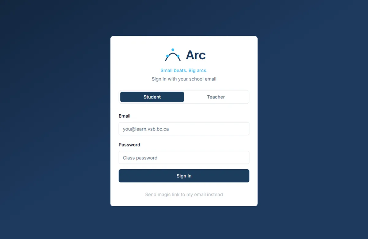 Arc sign-in: the Arc logo and the line &lsquo;Small beats. Big arcs.&rsquo;