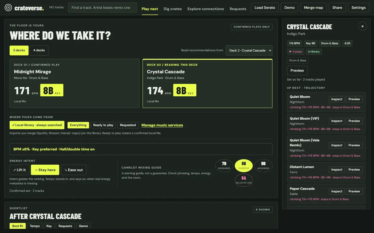 Crateverse Play next screen: two decks with BPM and key, and a shortlist of tracks that fit