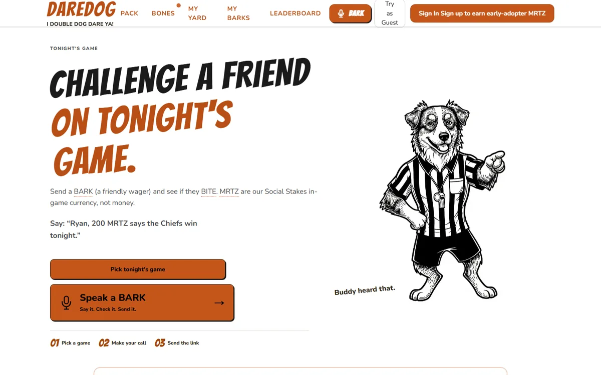 DareDog home page: &lsquo;Challenge a friend on tonight&rsquo;s game&rsquo; beside a drawn dog dressed as a referee