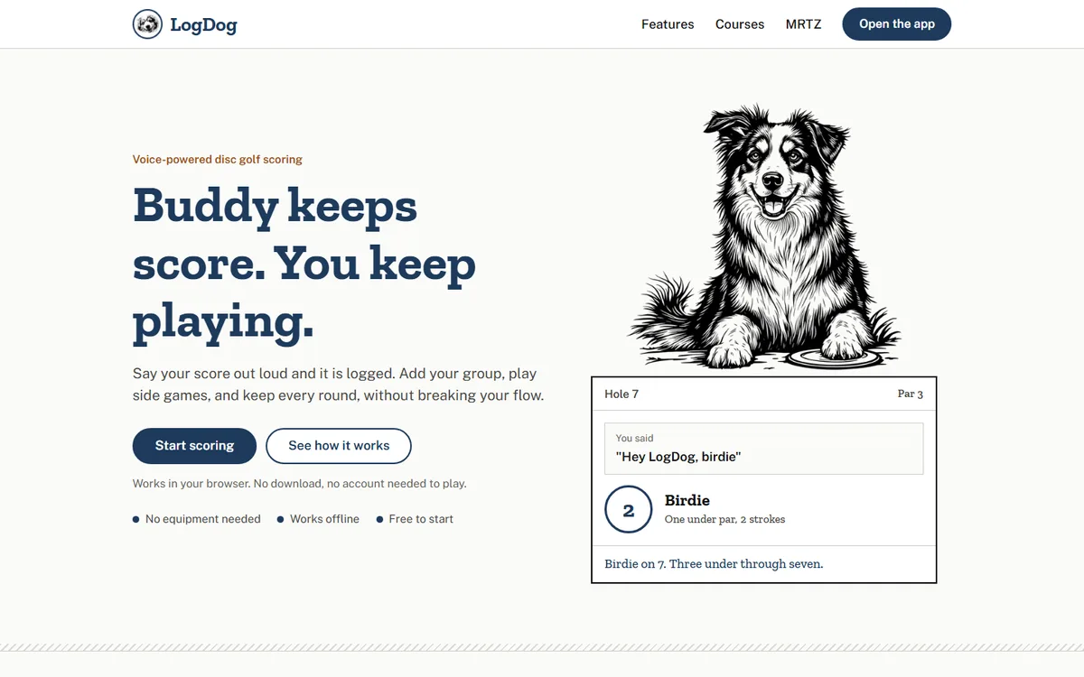 LogDog home page: a drawn dog beside a scorecard that reads &lsquo;Hey LogDog, birdie&rsquo;